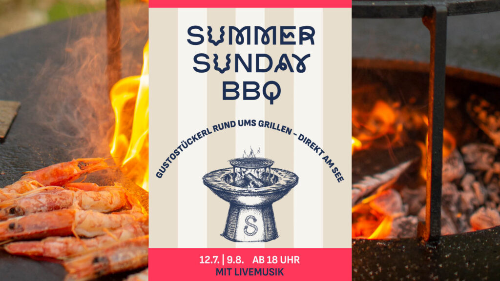Grillabend-Plakat „Sommer Sundax BBQ“: rund ums Grillen, ab 18 Uhr mit Livemusik am Lagerfeuer