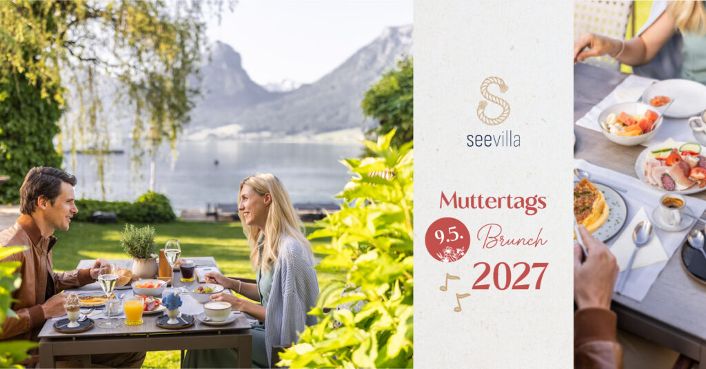 Seevilla Muttertags-Brunch 9.5.2027 am Wolfgangsee: gedeckter Tisch im Garten mit Blick auf den See
