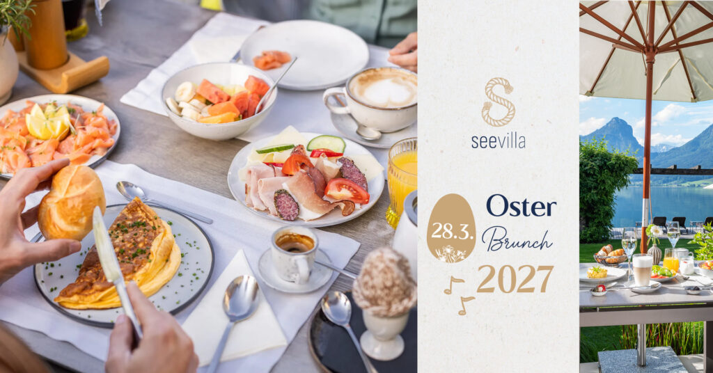 Oster-Brunch 28.3.2027 mit festlichem Buffet am gedeckten Tisch, Blick auf den Wolfgangsee