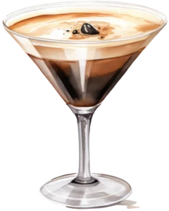 Cocktailglas mit einem schaumigen, braunen Getränk, gekrönt von Kaffeebohnen und einer hellen Schicht. Elegantes, modernes Design.