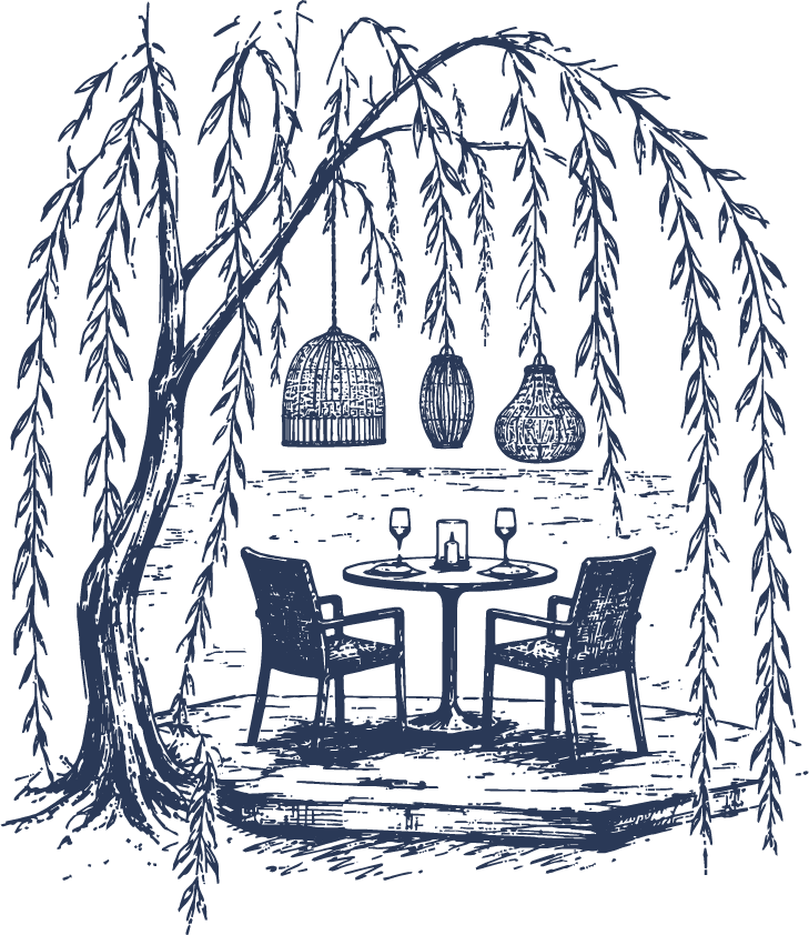 Stilisierte Restaurant-Szene mit gedecktem Tisch, Kerzen und Gartenbäumen, gehobene Gastronomie in blauem Lineart-Stil